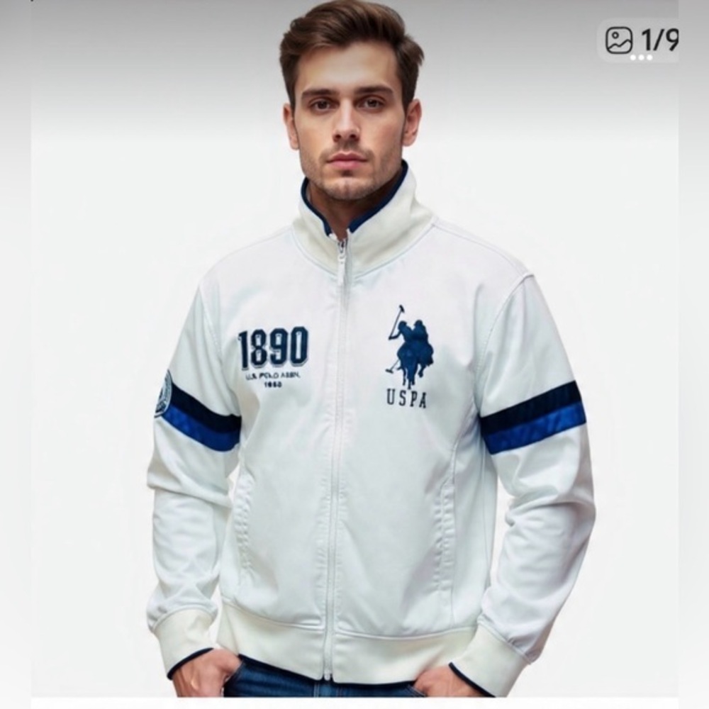 U.S. Polo Assn. Varsity Bomber Jacket in White and Blue